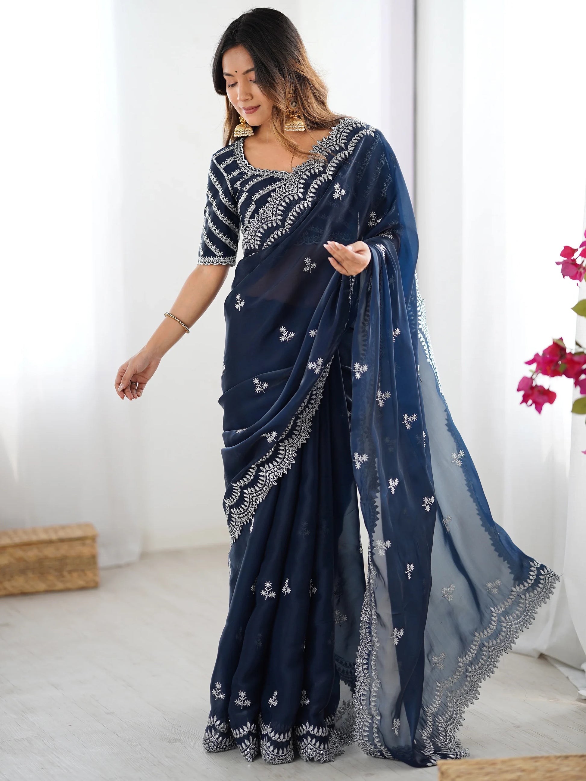 Excellent Blue Sequins Organza Party Wear Saree With Blouse - Zeel Clothing