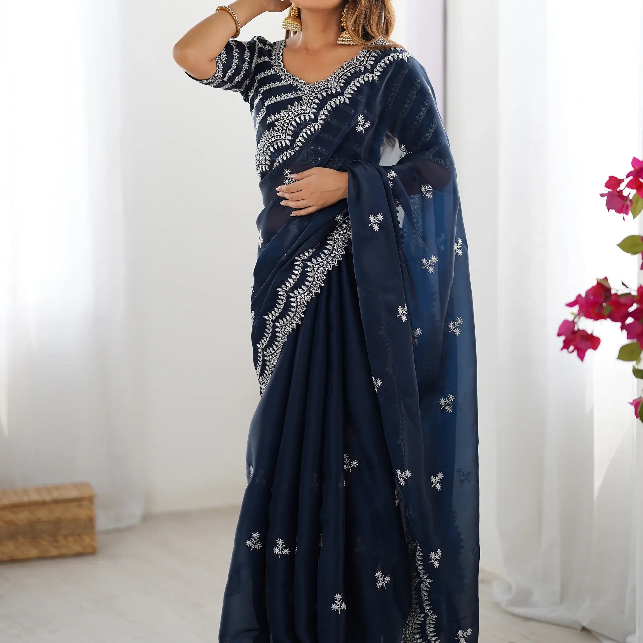 Excellent Blue Sequins Organza Party Wear Saree With Blouse - Zeel Clothing
