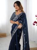 Excellent Blue Sequins Organza Party Wear Saree With Blouse - Zeel Clothing