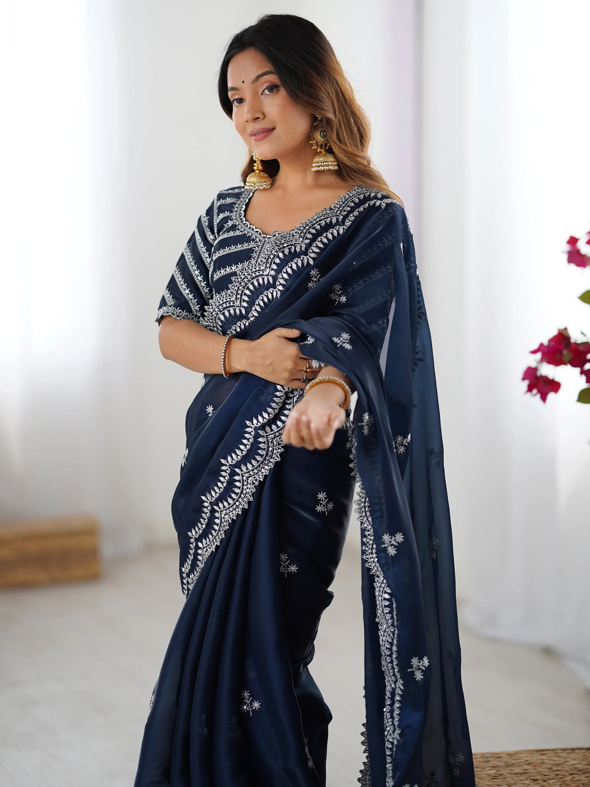 Excellent Blue Sequins Organza Party Wear Saree With Blouse - Zeel Clothing