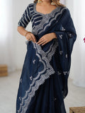 Excellent Blue Sequins Organza Party Wear Saree With Blouse - Zeel Clothing