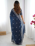 Excellent Blue Sequins Organza Party Wear Saree With Blouse - Zeel Clothing