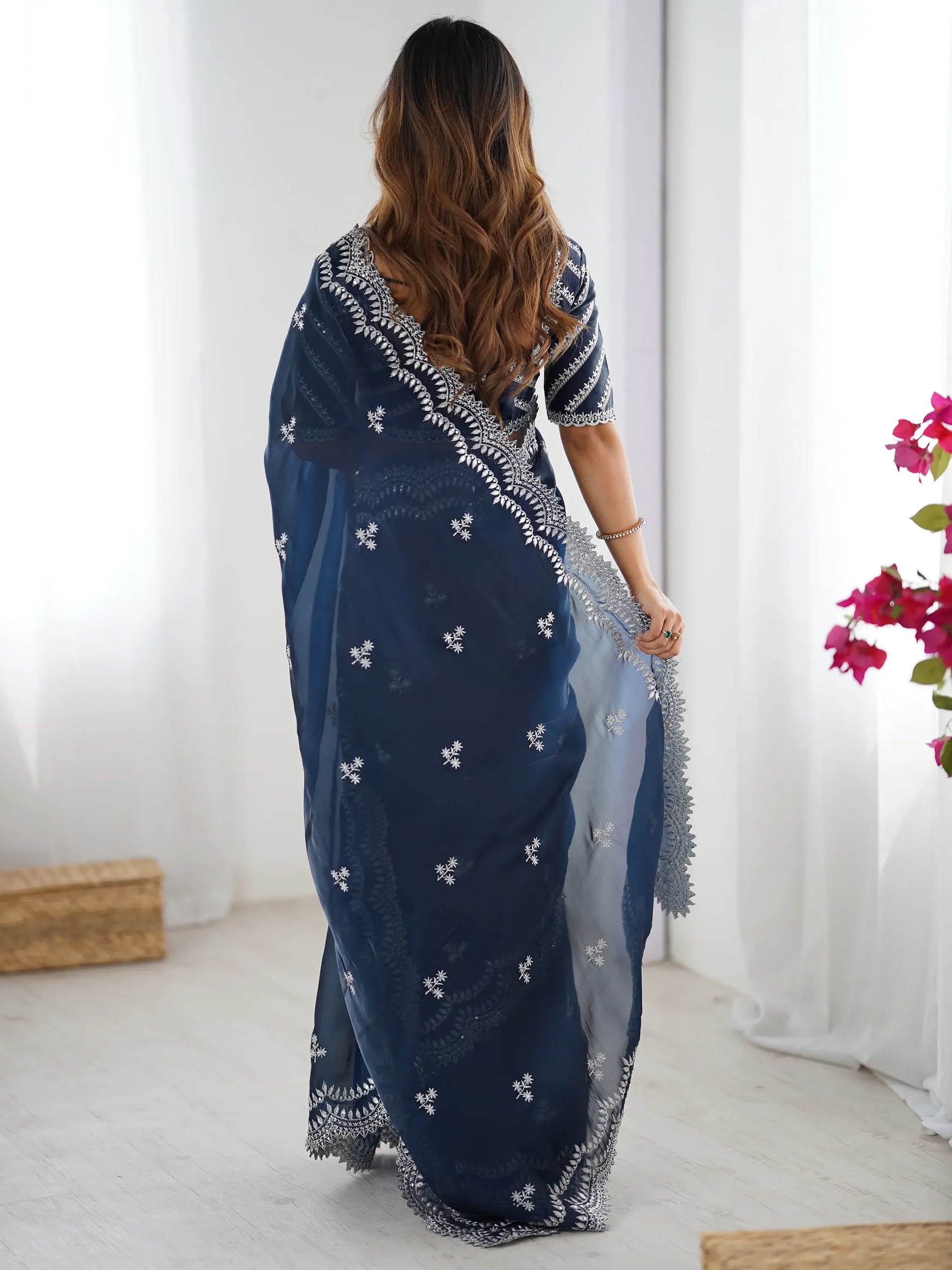 Excellent Blue Sequins Organza Party Wear Saree With Blouse - Zeel Clothing