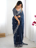 Excellent Blue Sequins Organza Party Wear Saree With Blouse - Zeel Clothing