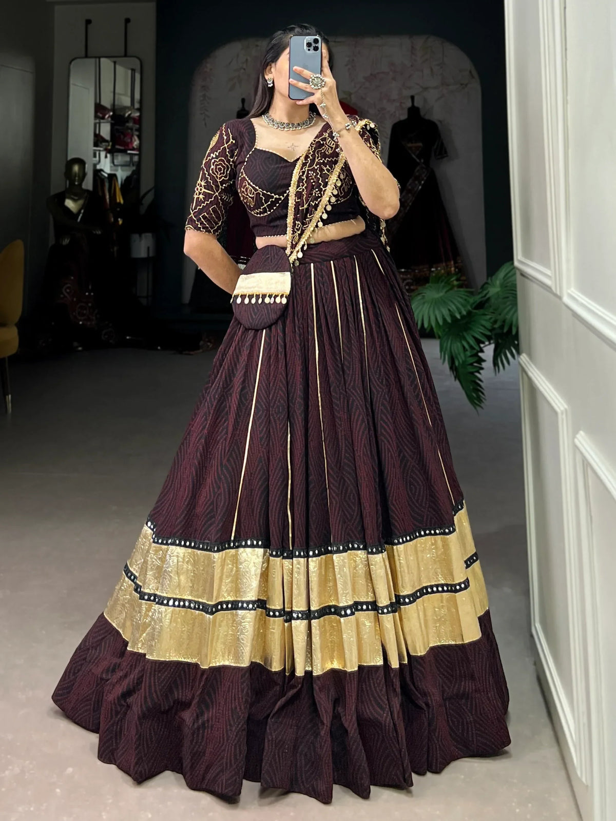 Excellent Brown Bandhej Printed Georgette Navratri Wear Lehenga Choli With Dupatta - Zeel Clothing