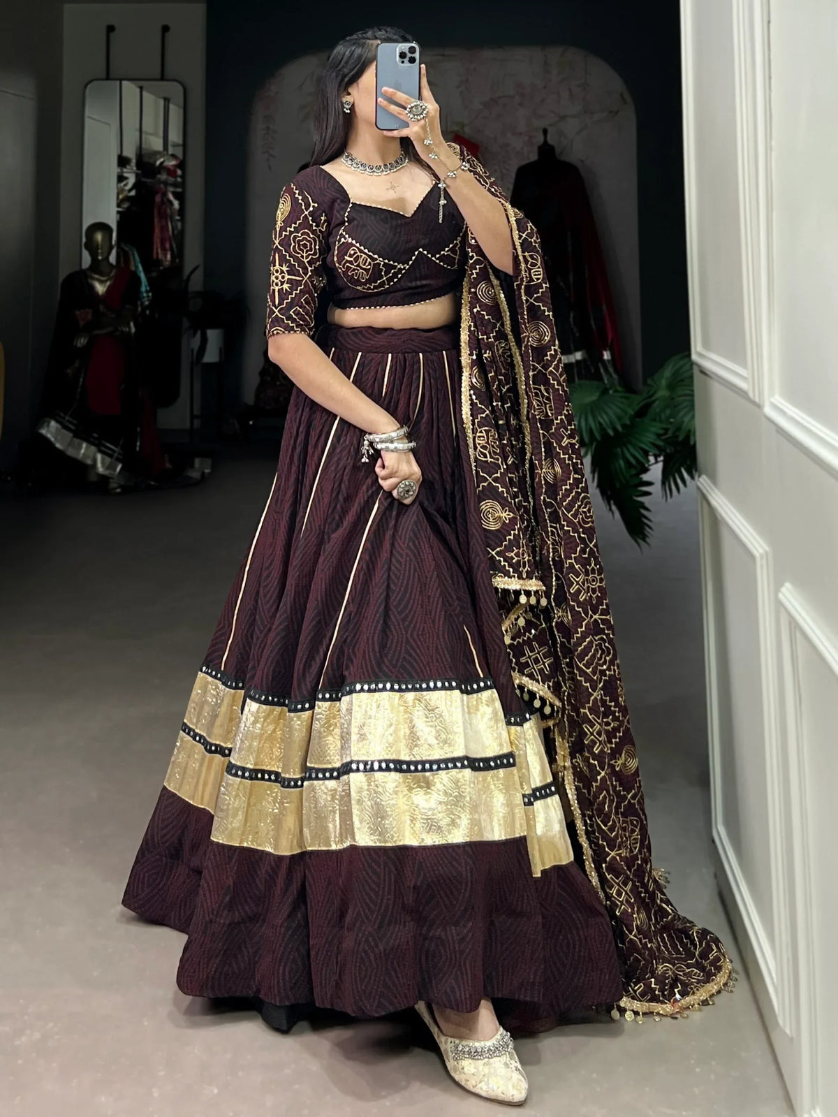 Excellent Brown Bandhej Printed Georgette Navratri Wear Lehenga Choli With Dupatta - Zeel Clothing