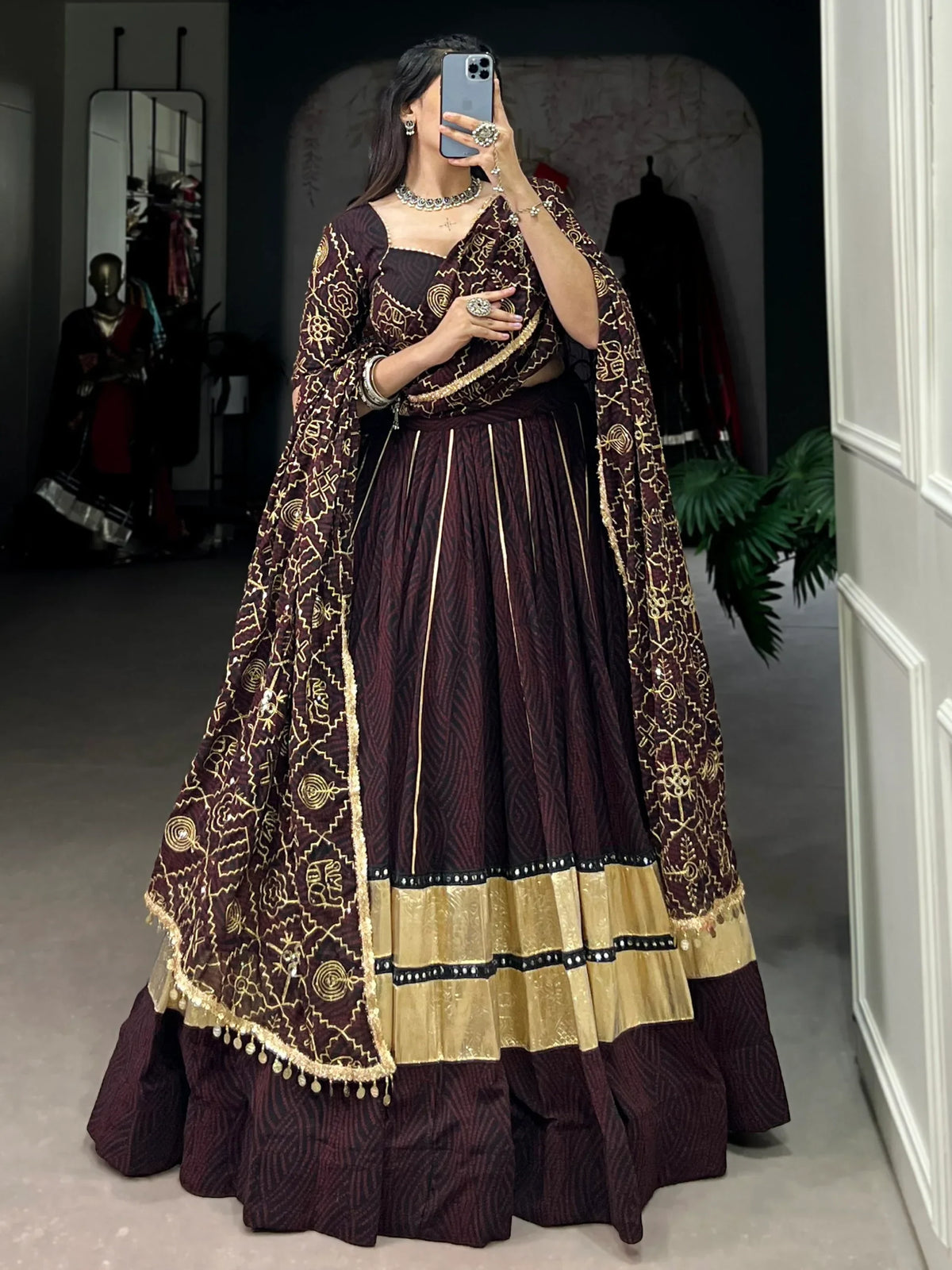 Excellent Brown Bandhej Printed Georgette Navratri Wear Lehenga Choli With Dupatta - Zeel Clothing