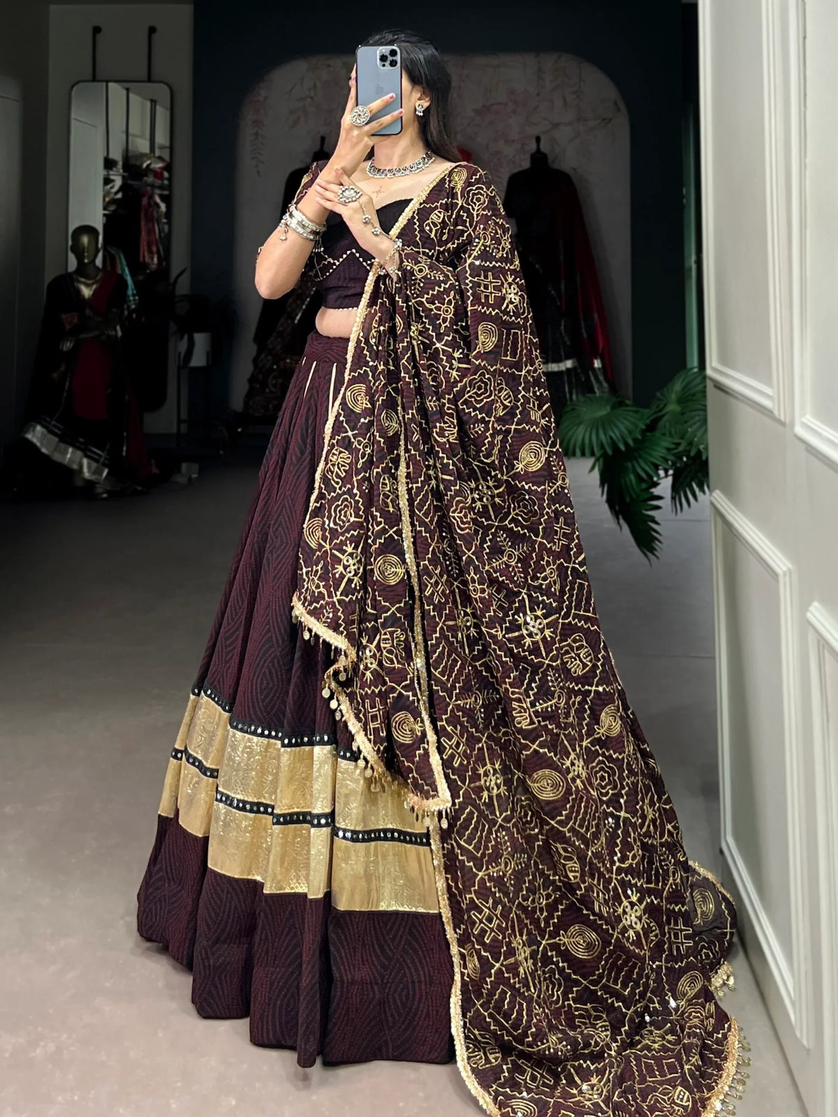 Excellent Brown Bandhej Printed Georgette Navratri Wear Lehenga Choli With Dupatta - Zeel Clothing