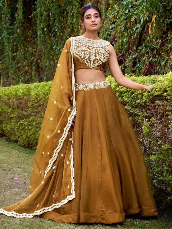 Excellent Brown Embroidered Silk Festive Wear Lehenga Choli With Dupatta