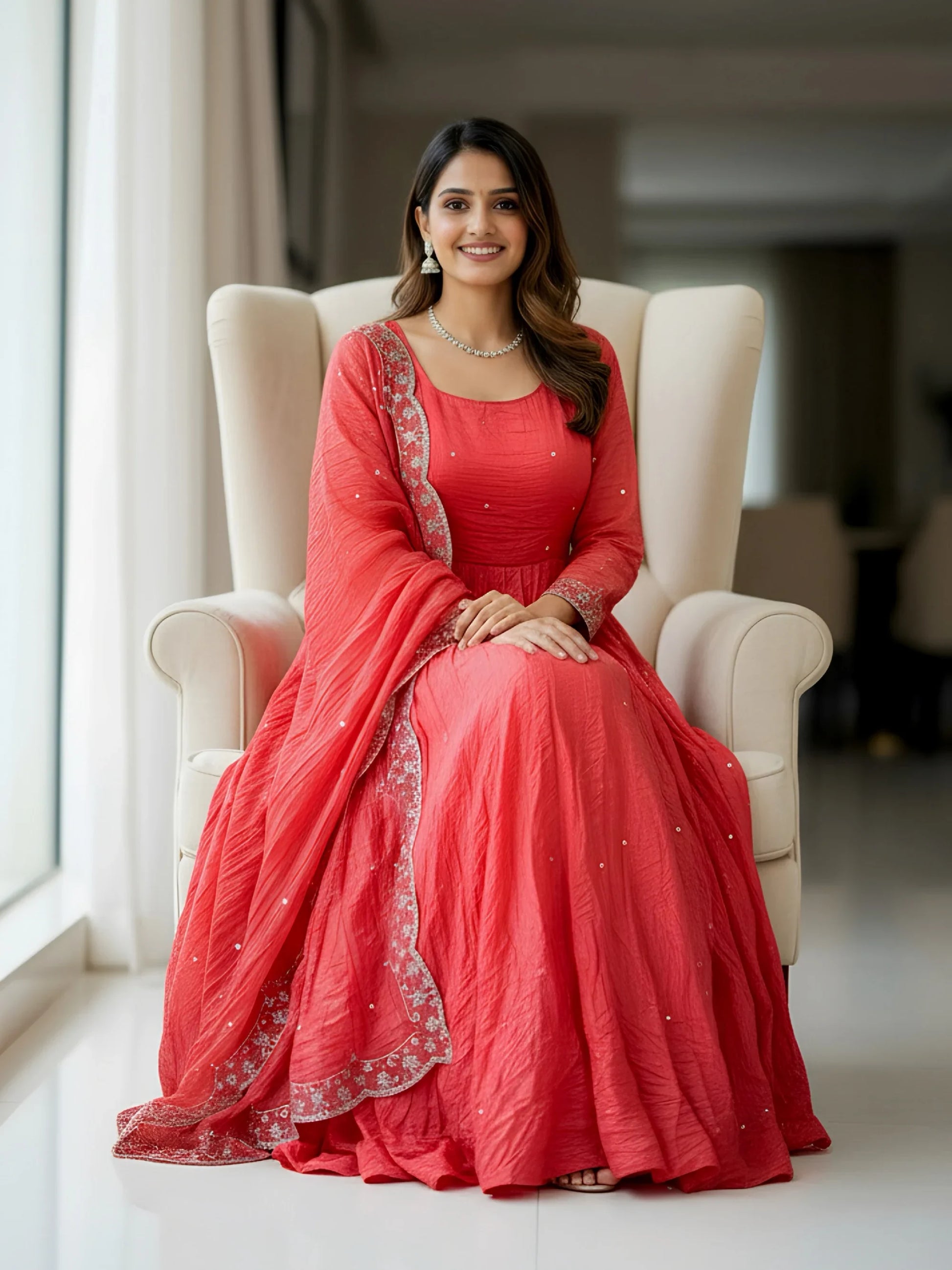 Excellent Coral Red Sequins Embroidered Silk Wedding Wear Gown With Dupatta