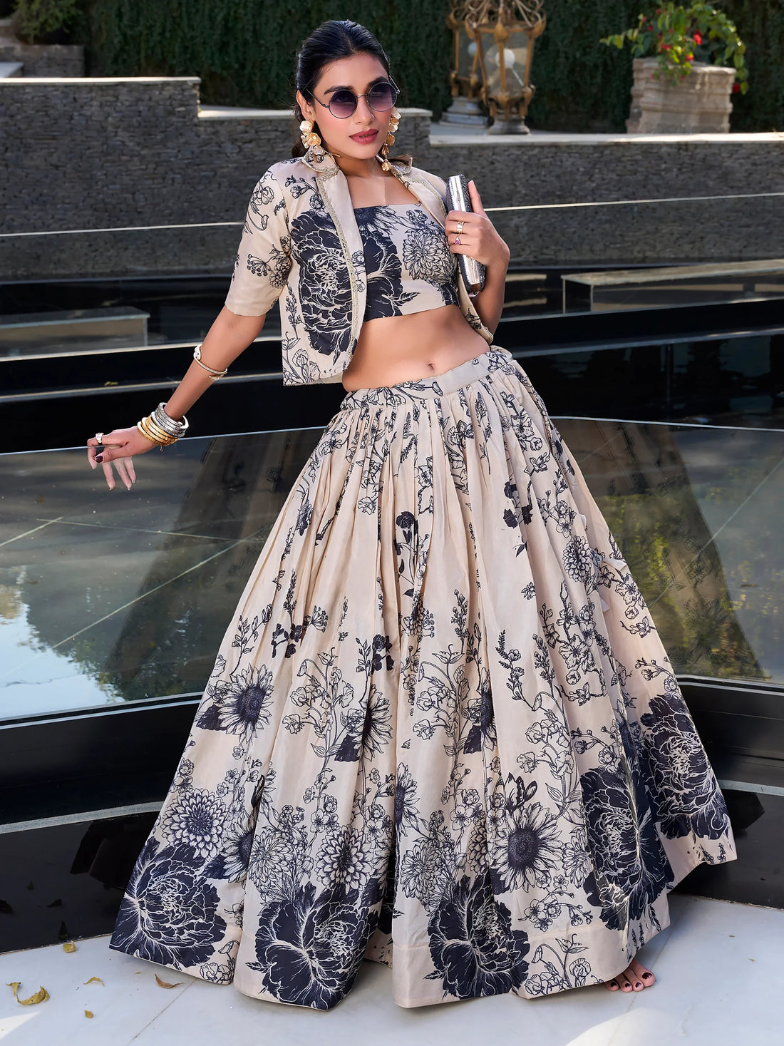 Excellent Cream Printed Festival Wear Silk Crop Top Lehenga With Jacket - Zeel Clothing
