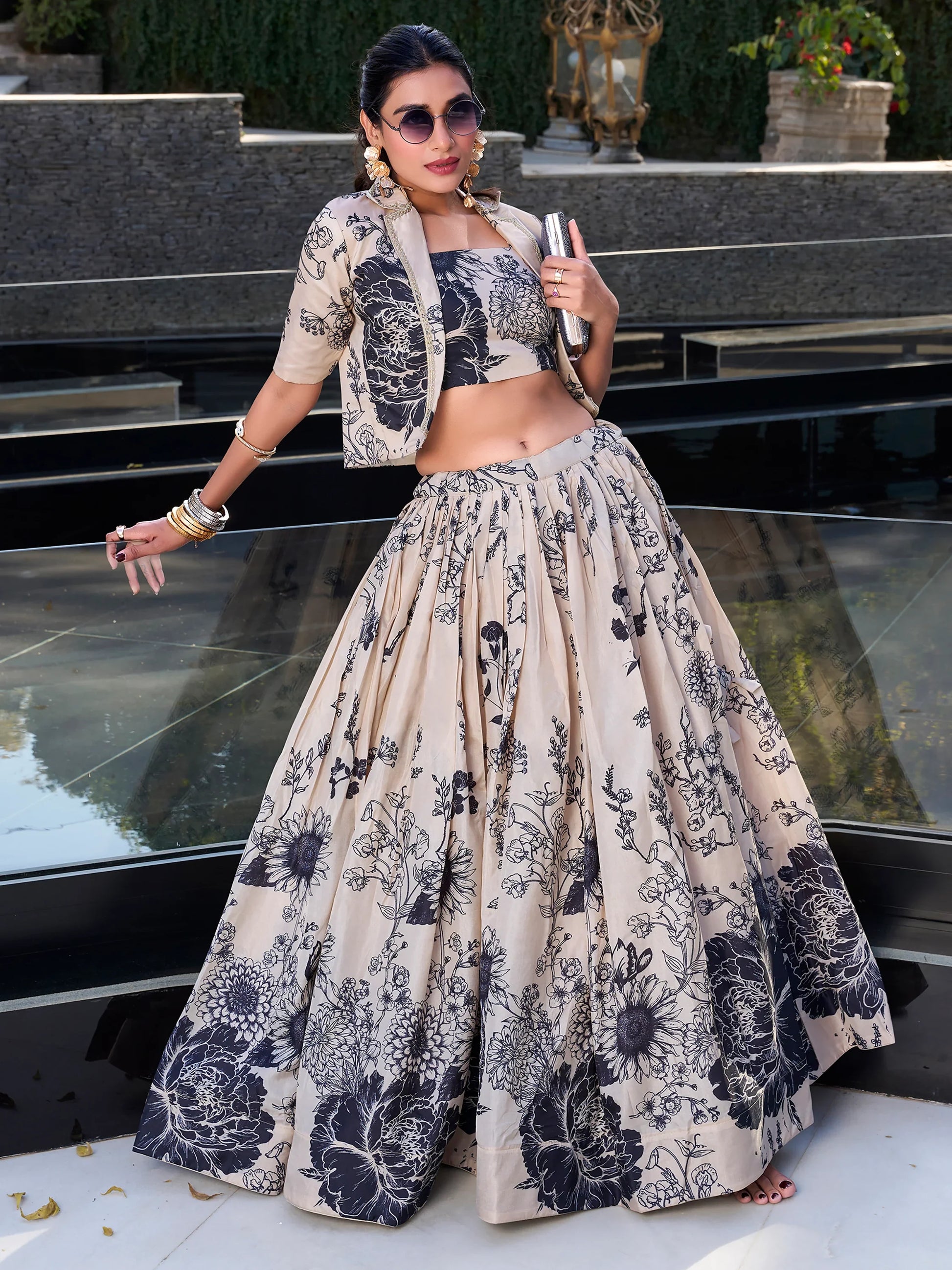 Excellent Cream Printed Festival Wear Silk Crop Top Lehenga With Jacket - Zeel Clothing