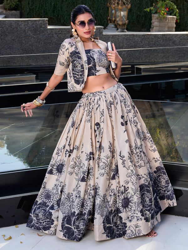 Excellent Cream Printed Festival Wear Silk Crop Top Lehenga With Jacket - Zeel Clothing