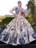 Excellent Cream Printed Festival Wear Silk Crop Top Lehenga With Jacket - Zeel Clothing