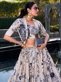 Excellent Cream Printed Festival Wear Silk Crop Top Lehenga With Jacket - Zeel Clothing