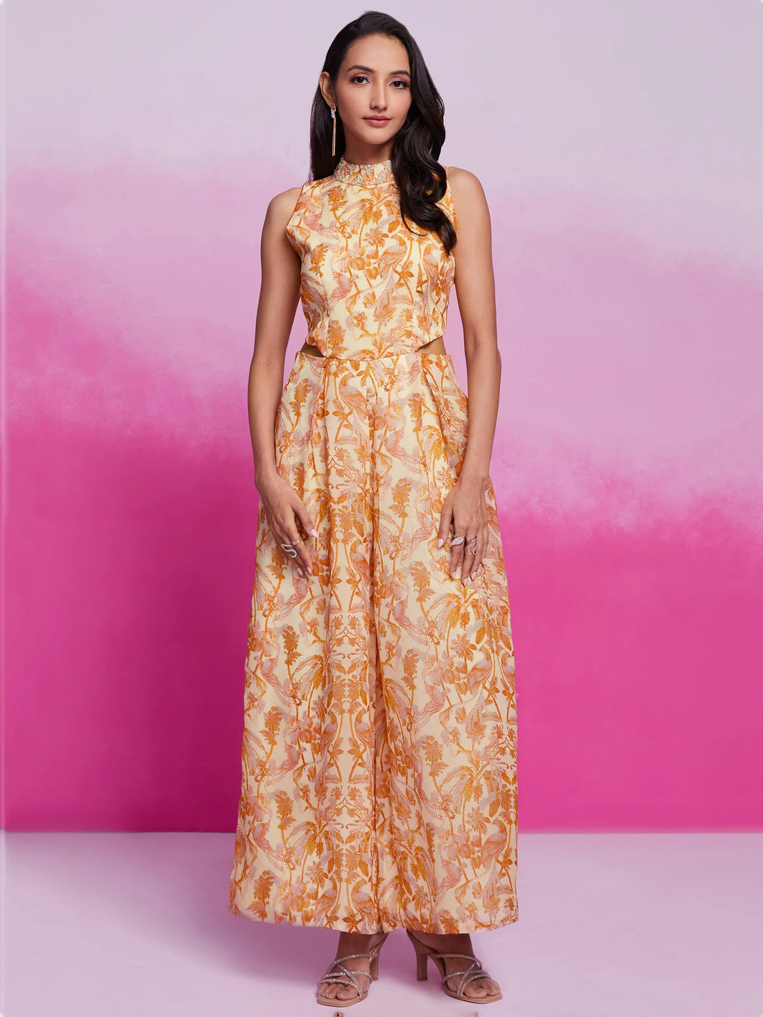 Excellent Cream Printed Organza Silk Western Wear Jump Suit - Zeel Clothing