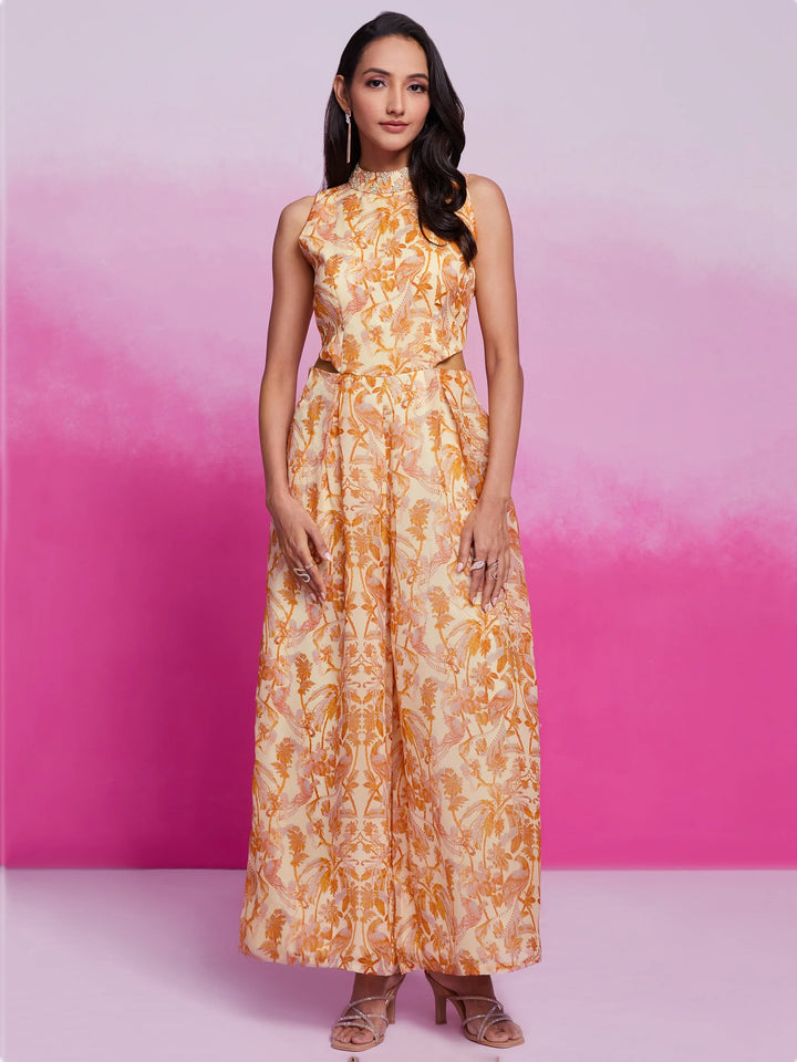 Excellent Cream Printed Organza Silk Western Wear Jump Suit - Zeel Clothing