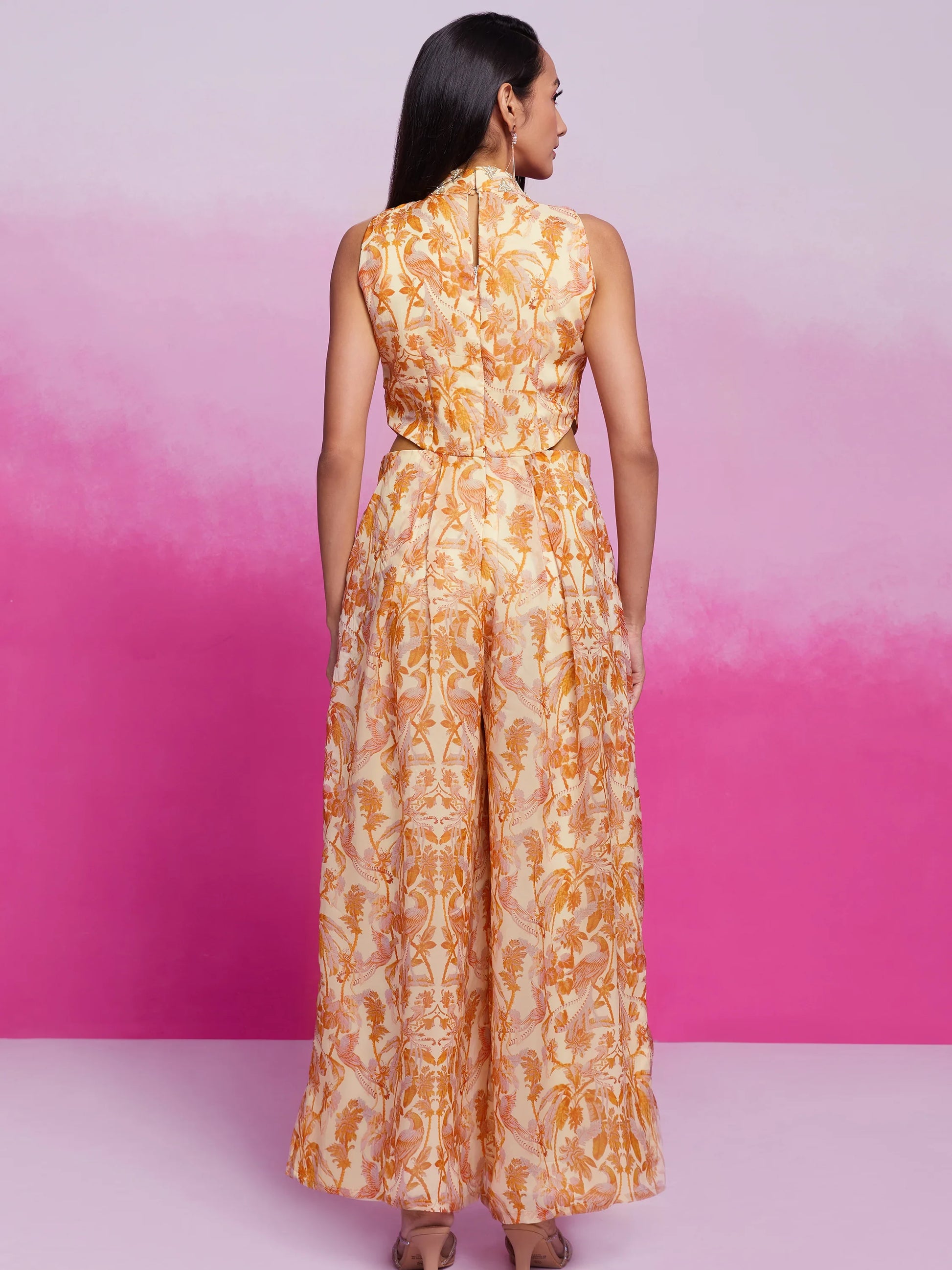 Excellent Cream Printed Organza Silk Western Wear Jump Suit - Zeel Clothing