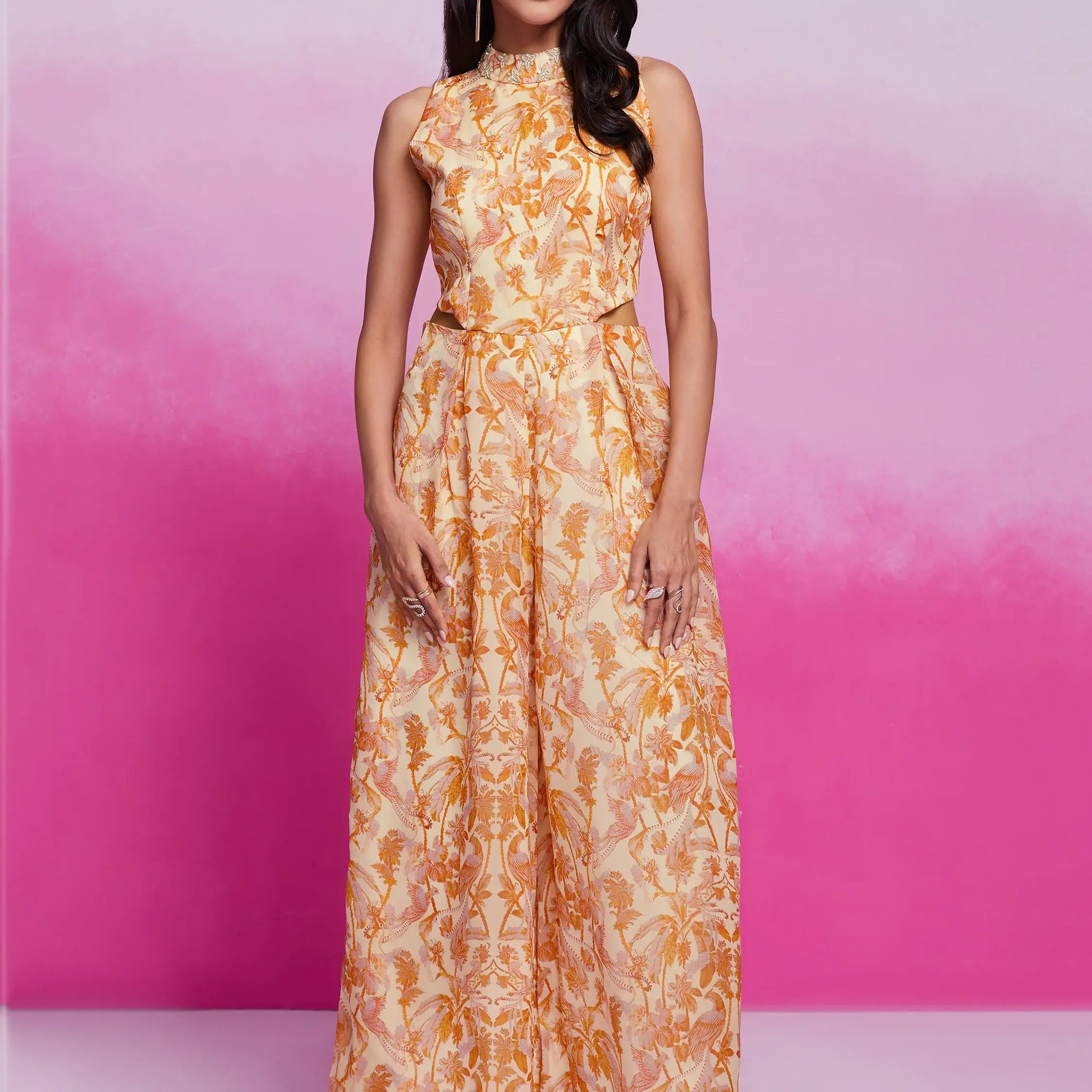 Excellent Cream Printed Organza Silk Western Wear Jump Suit - Zeel Clothing