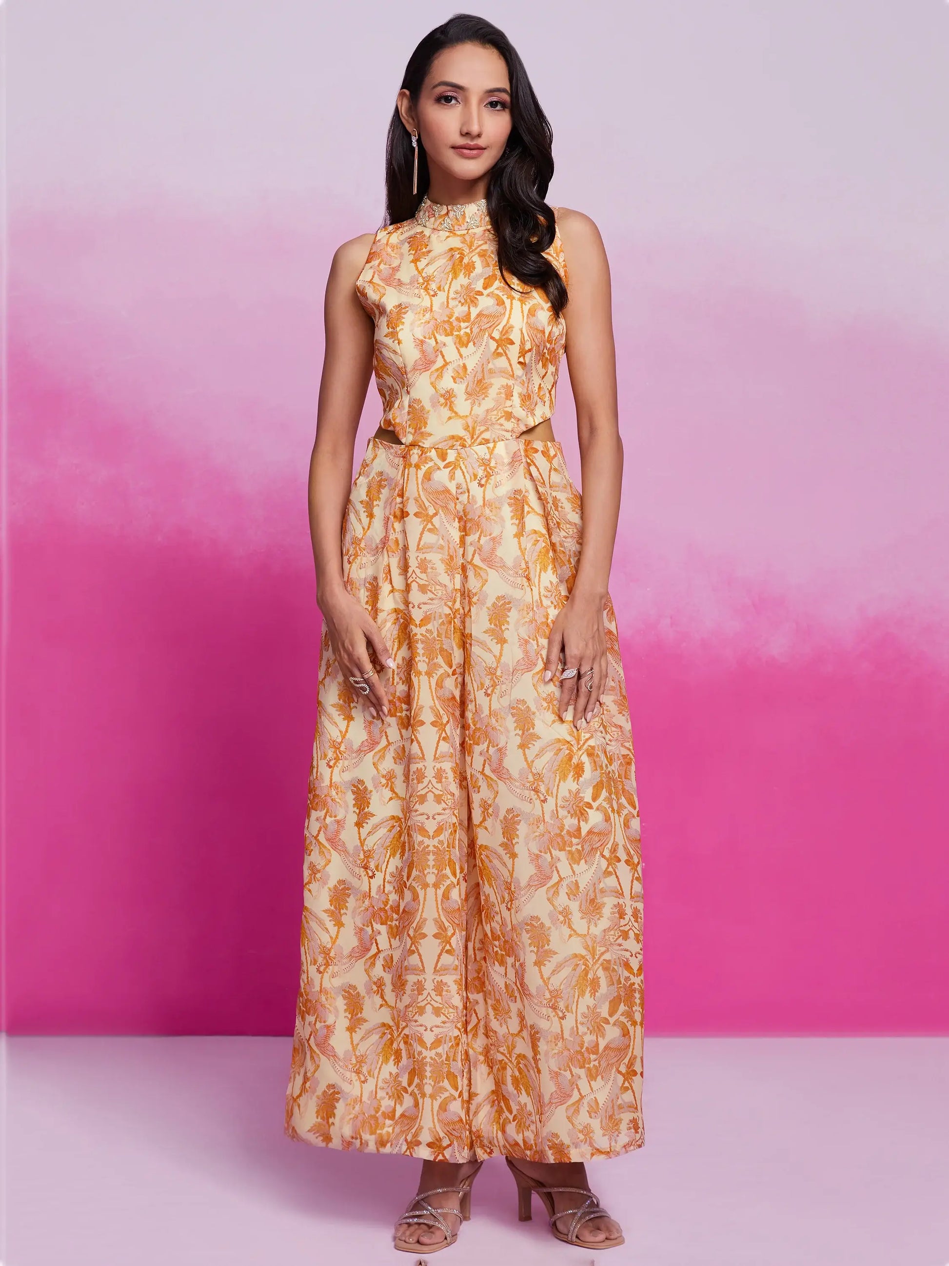 Excellent Cream Printed Organza Silk Western Wear Jump Suit - Zeel Clothing