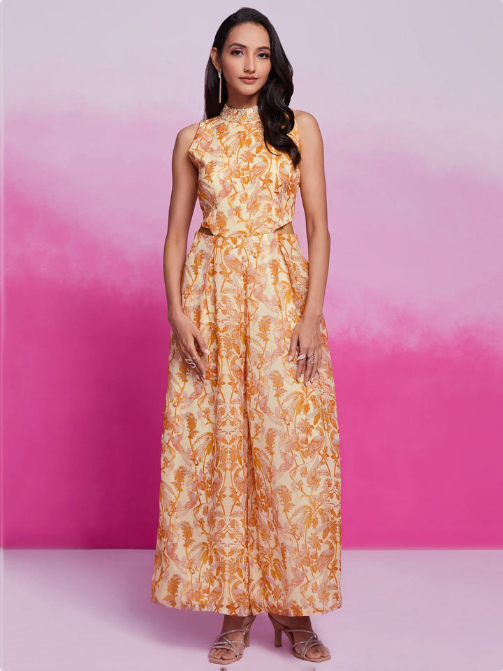 Excellent Cream Printed Organza Silk Western Wear Jump Suit - Zeel Clothing