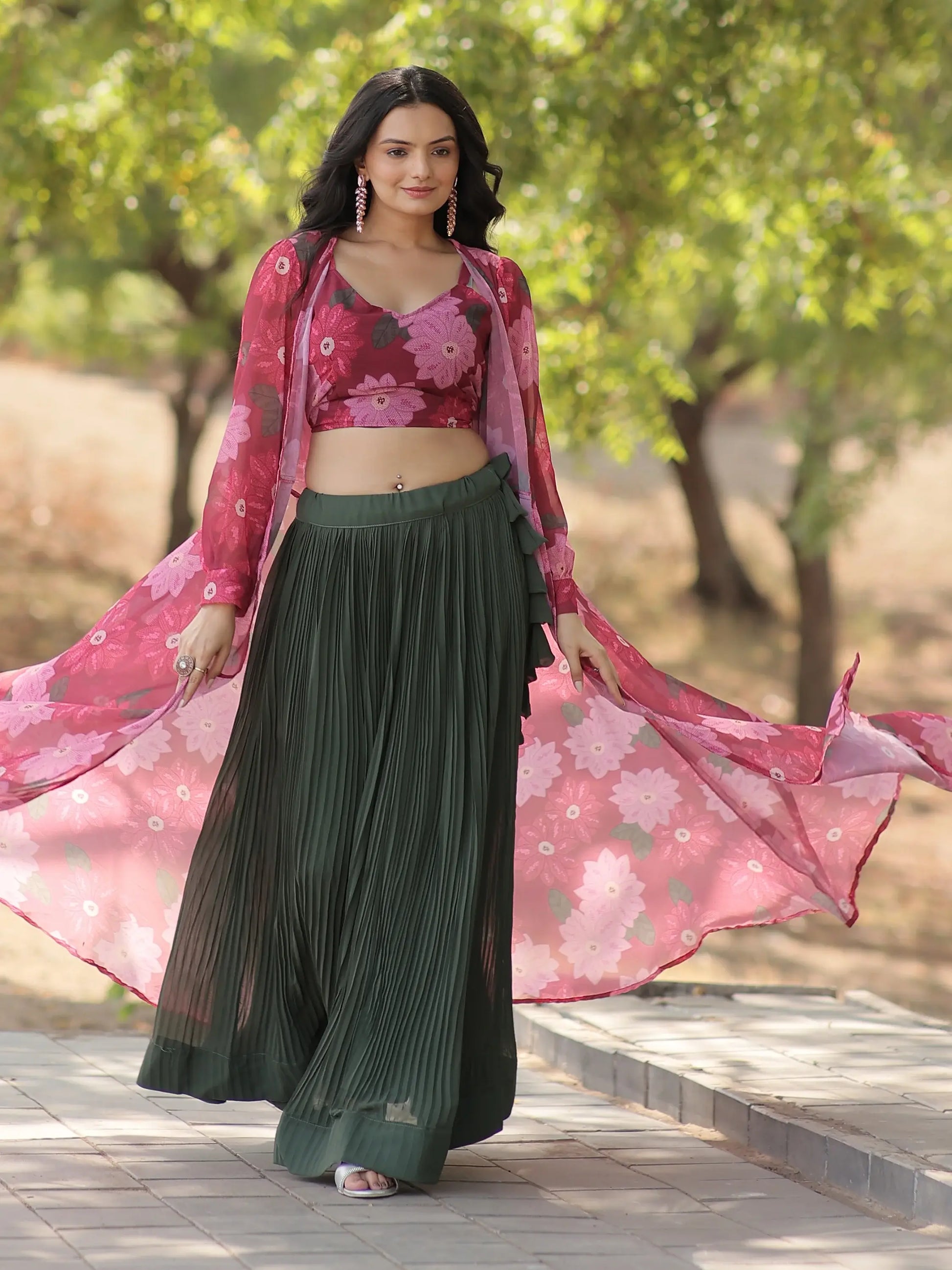 Excellent Green Georgette Festival Wear Crop Top Lehenga With Jacket - Zeel Clothing