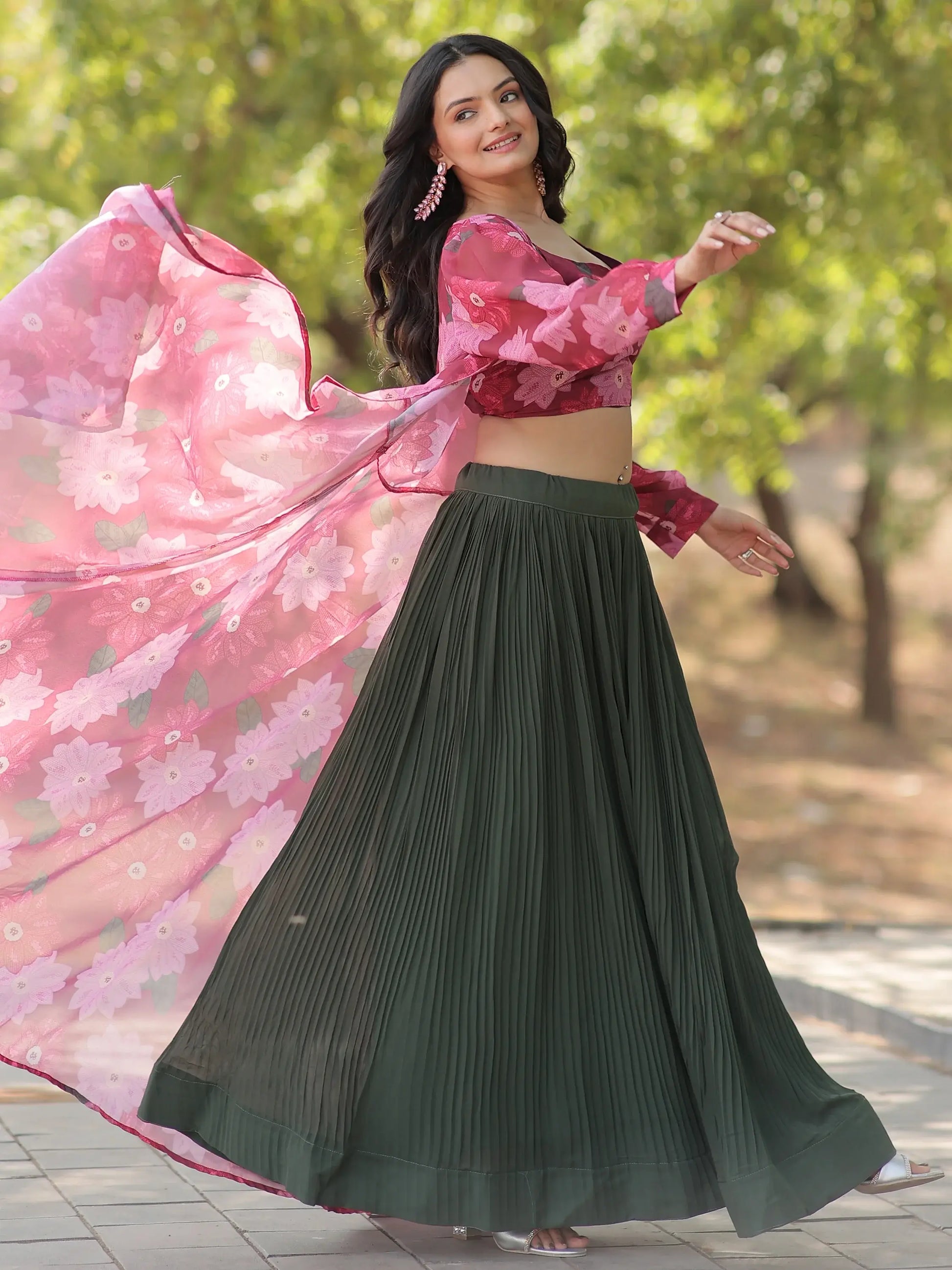 Excellent Green Georgette Festival Wear Crop Top Lehenga With Jacket - Zeel Clothing