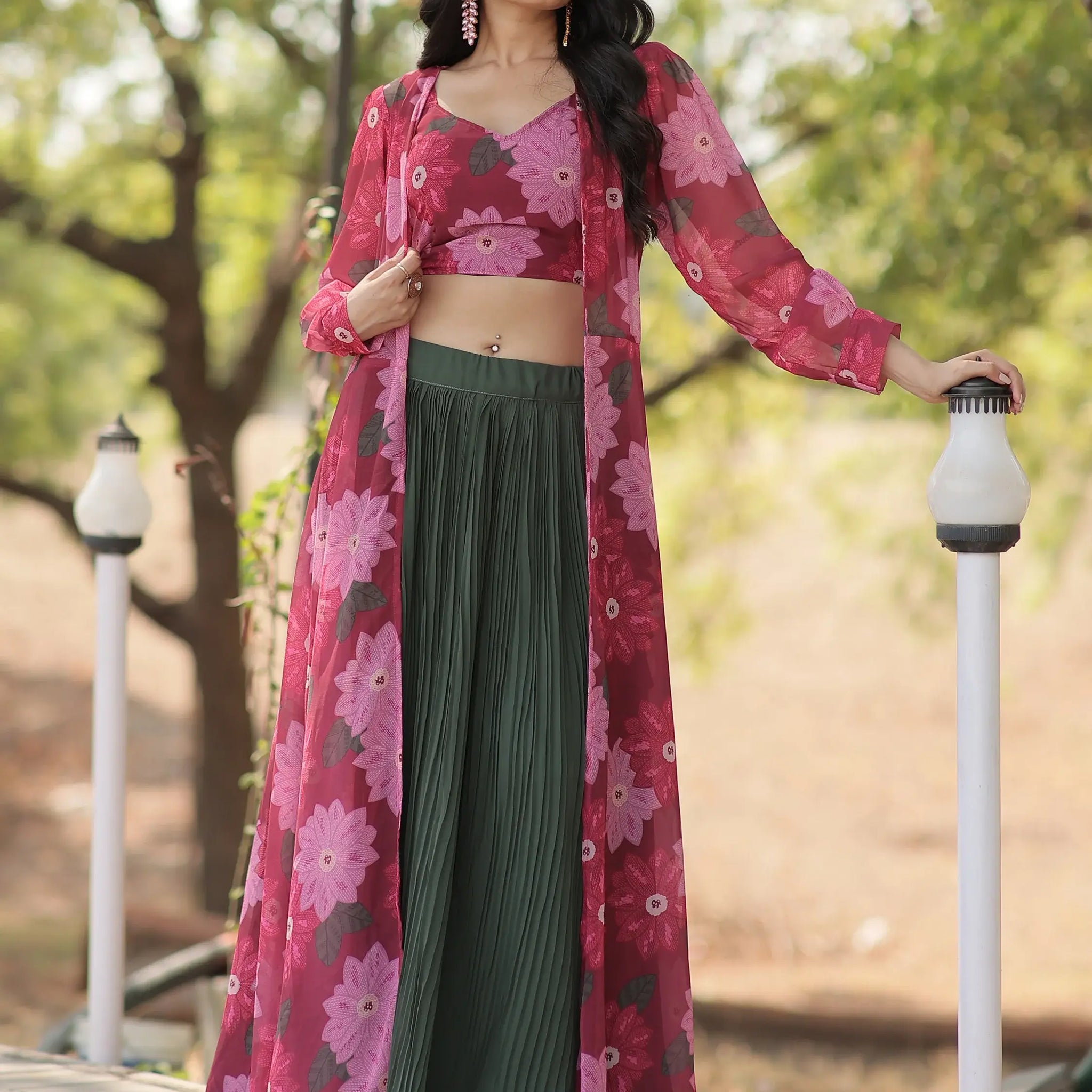 Excellent Green Georgette Festival Wear Crop Top Lehenga With Jacket - Zeel Clothing