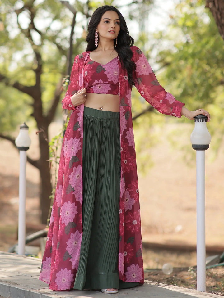 Excellent Green Georgette Festival Wear Crop Top Lehenga With Jacket - Zeel Clothing