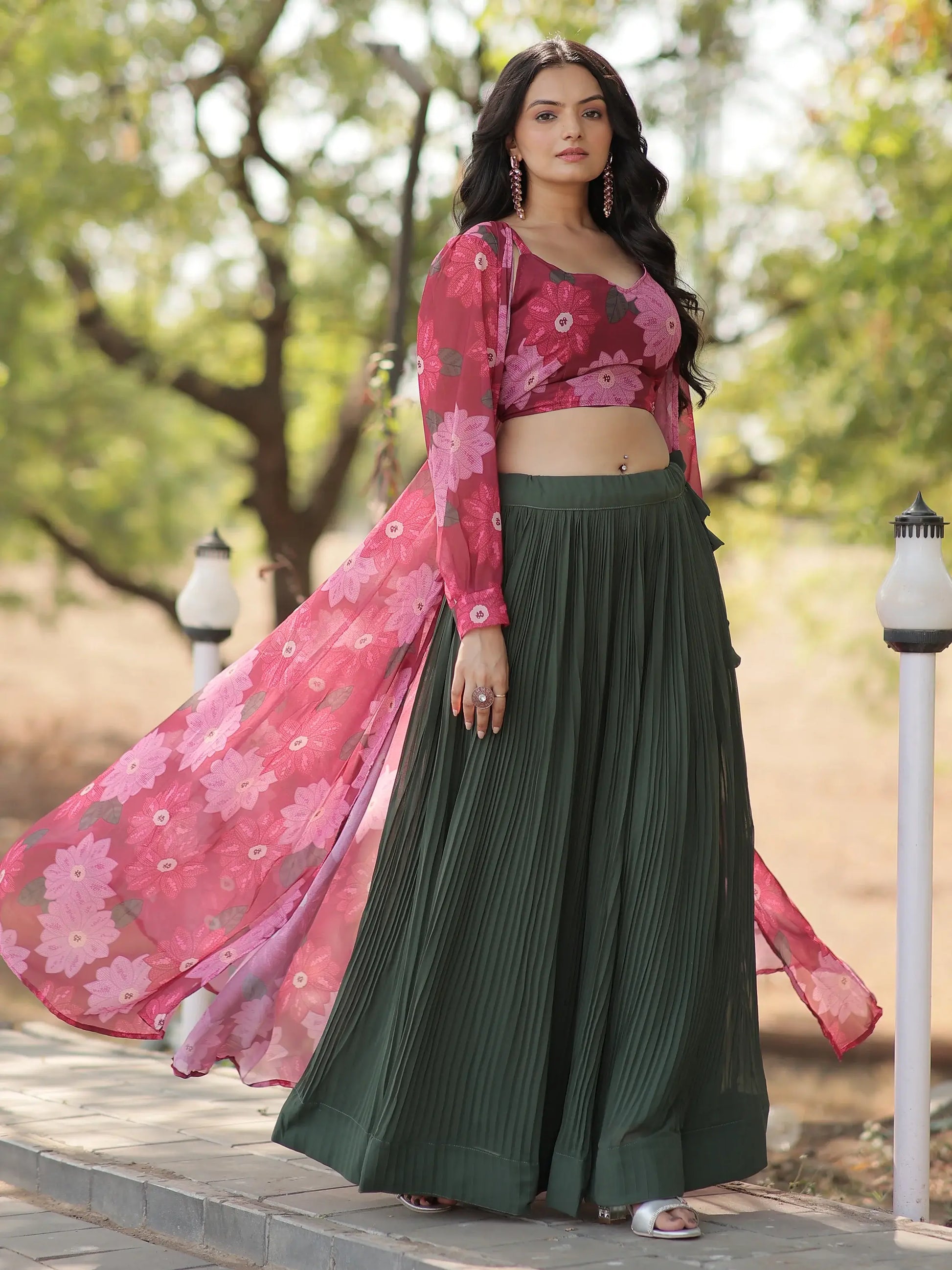 Excellent Green Georgette Festival Wear Crop Top Lehenga With Jacket - Zeel Clothing