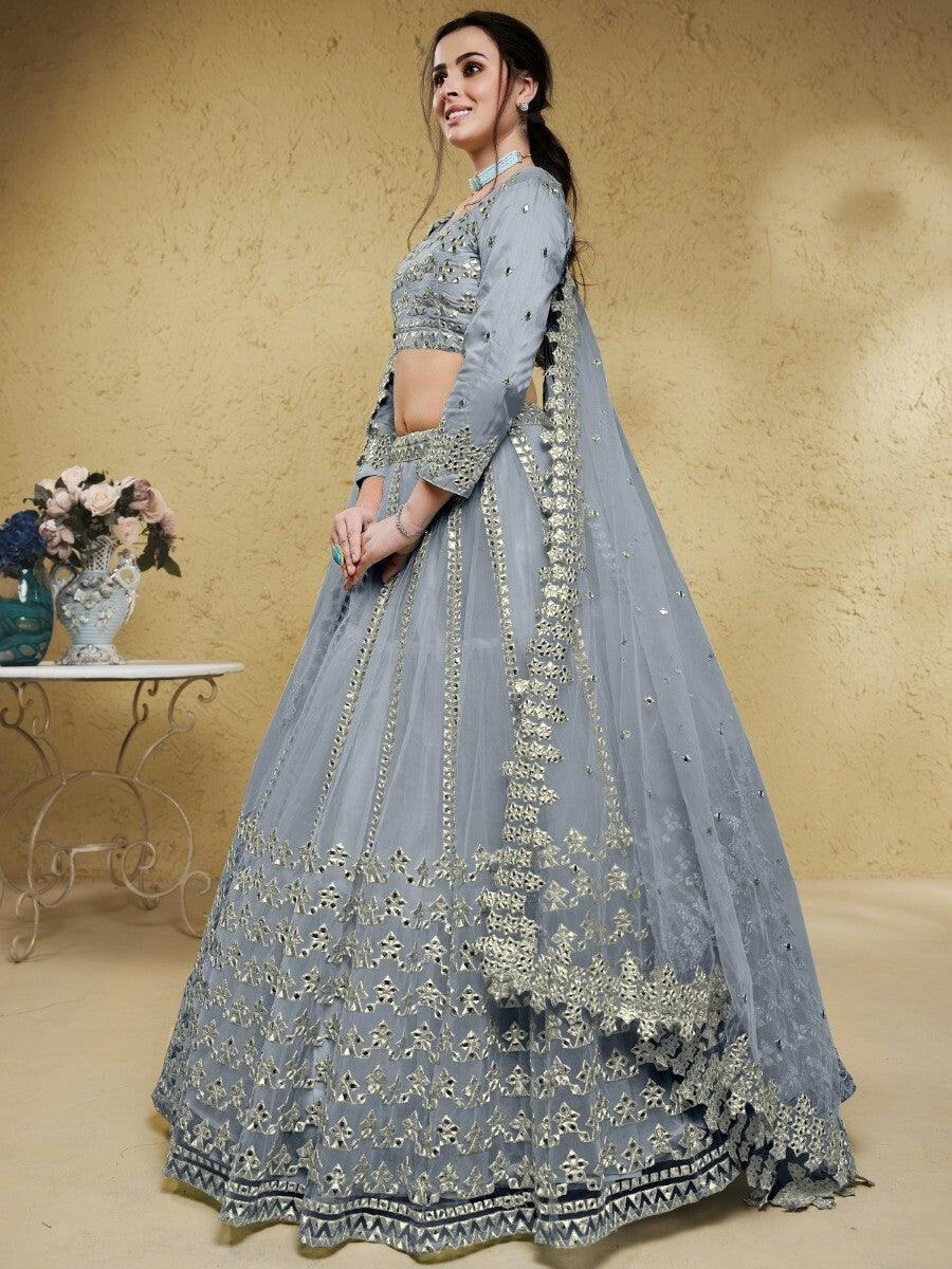 Excellent Grey Foil Work Net Wedding Wear Lehenga Choli With Dupatta