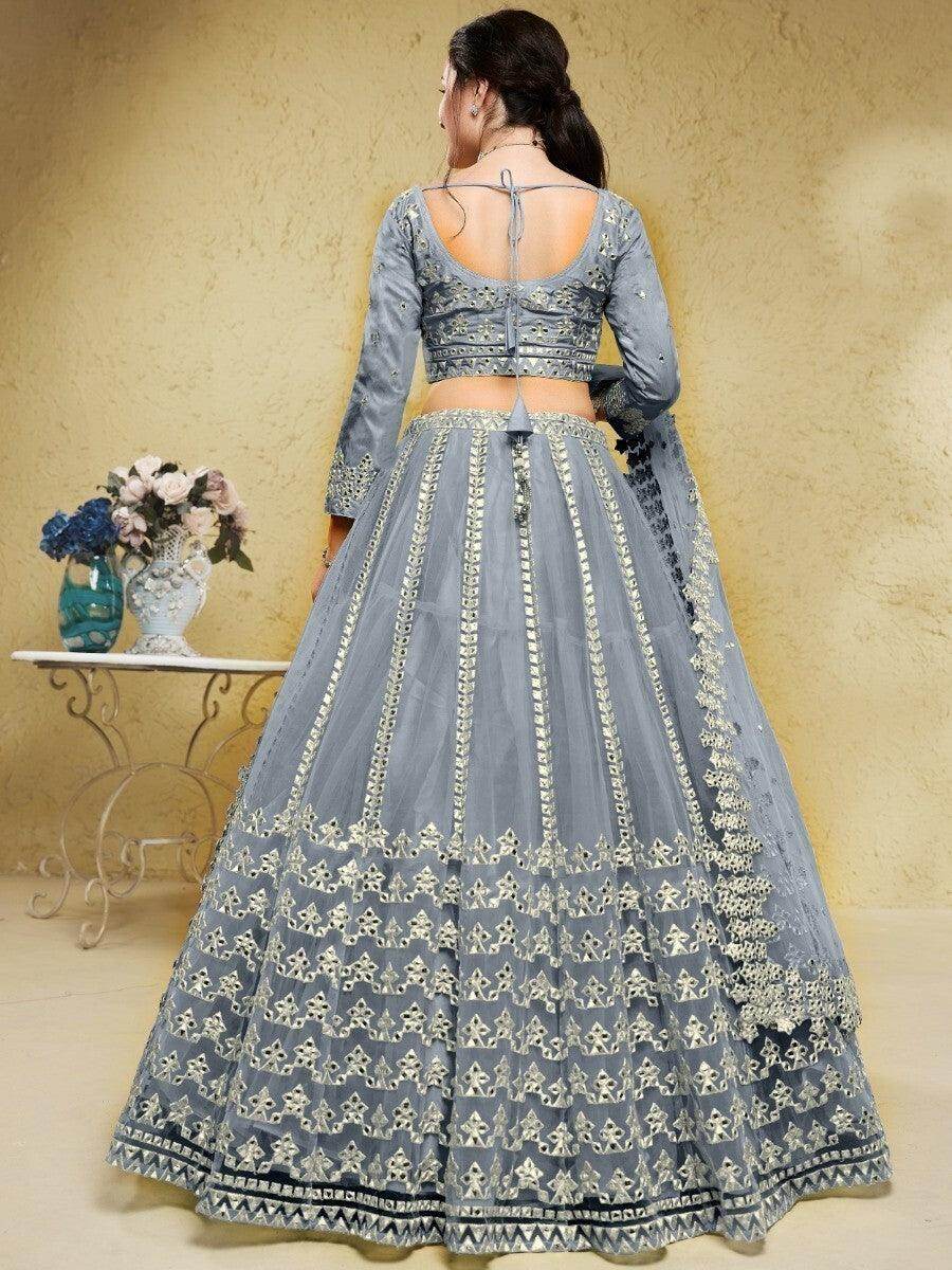 Excellent Grey Foil Work Net Wedding Wear Lehenga Choli With Dupatta - Zeel Clothing
