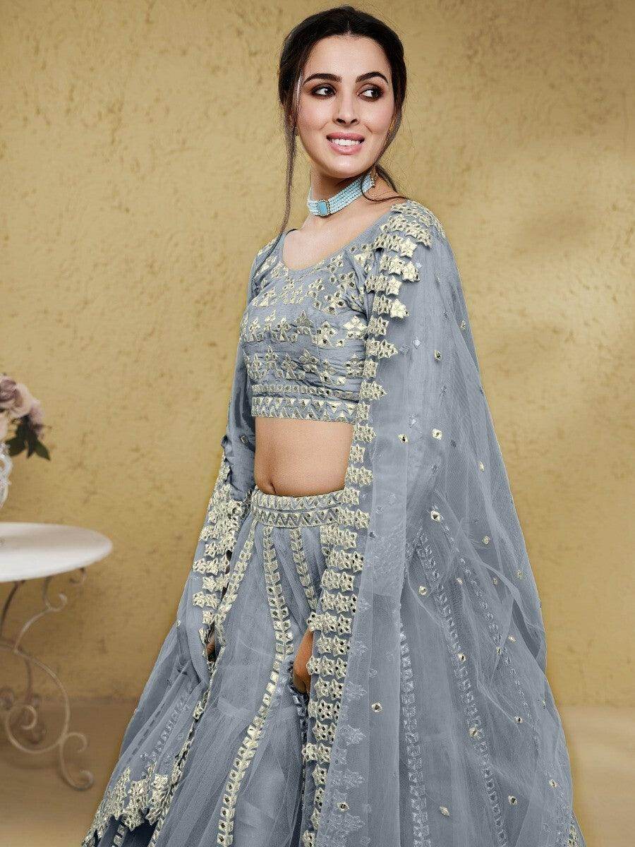 Excellent Grey Foil Work Net Wedding Wear Lehenga Choli With Dupatta - Zeel Clothing