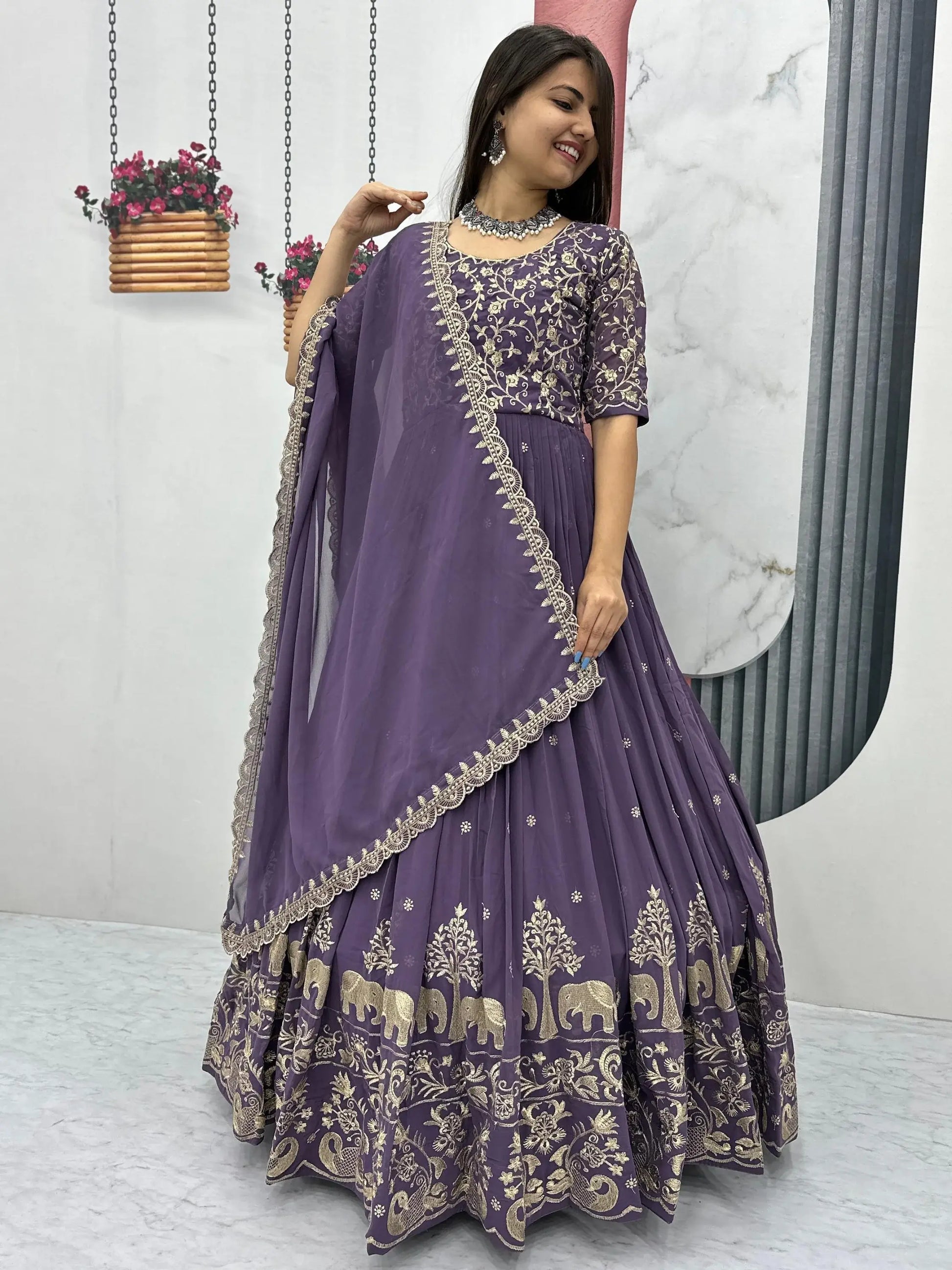 Excellent Lavender Embroidered Georgette Festive Wear Gown With Dupatta - Zeel Clothing