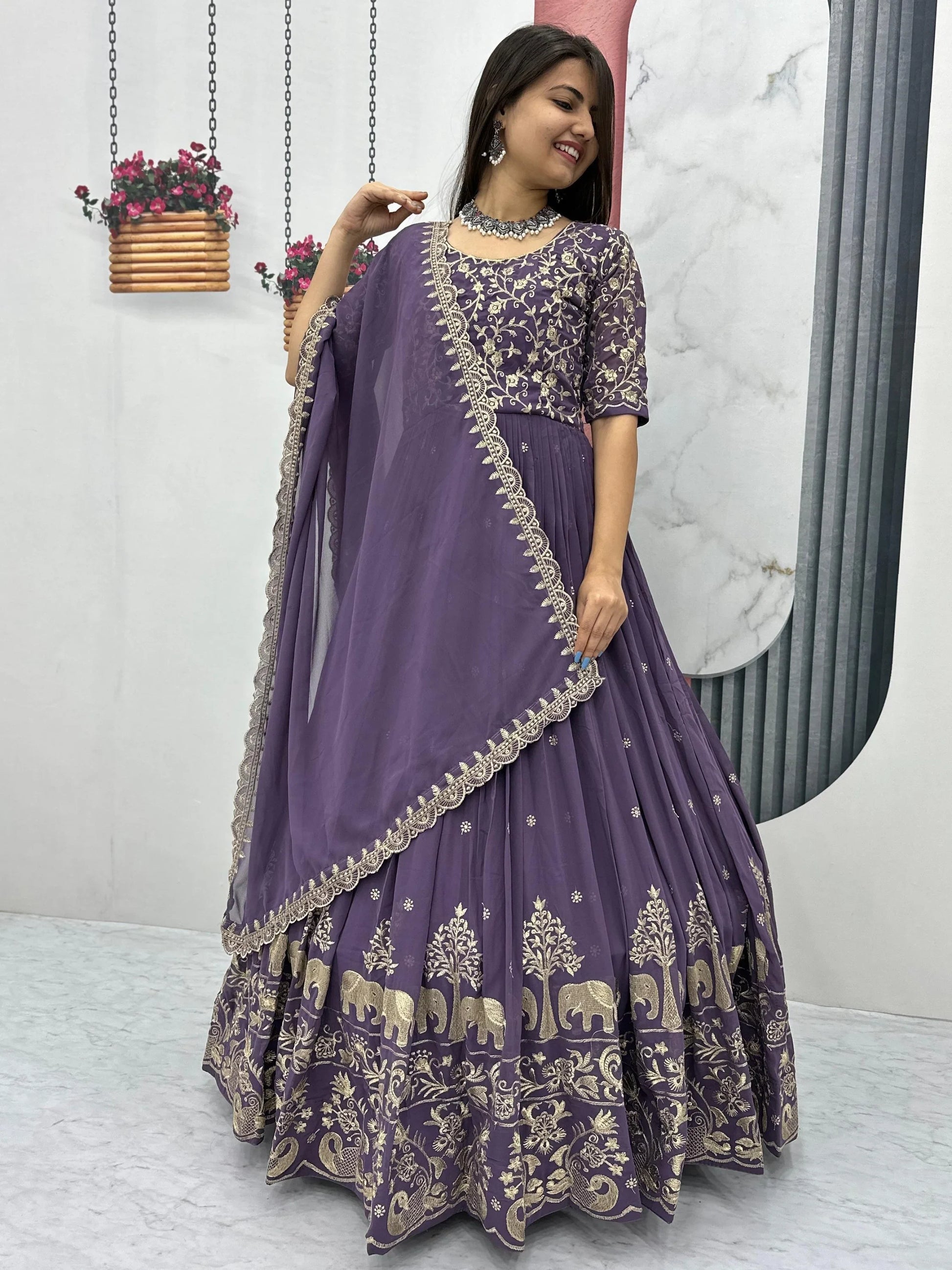 Excellent Lavender Embroidered Georgette Festive Wear Gown With Dupatta - Zeel Clothing