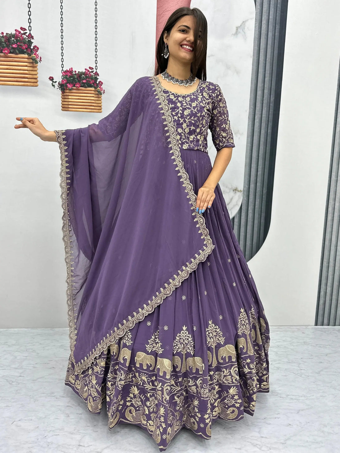 Excellent Lavender Embroidered Georgette Festive Wear Gown With Dupatta - Zeel Clothing