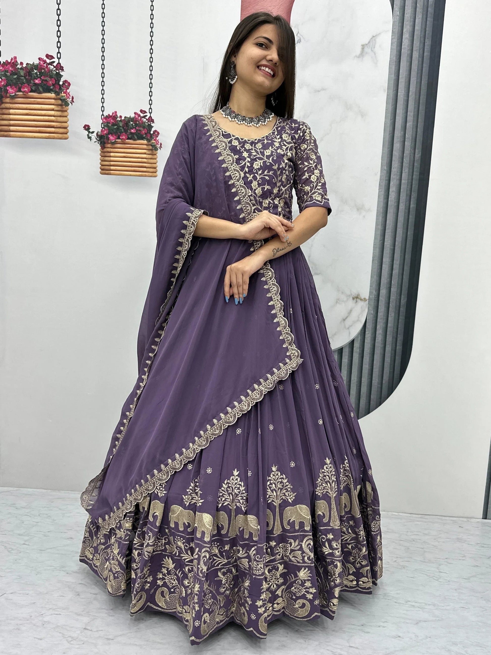 Excellent Lavender Embroidered Georgette Festive Wear Gown With Dupatta - Zeel Clothing