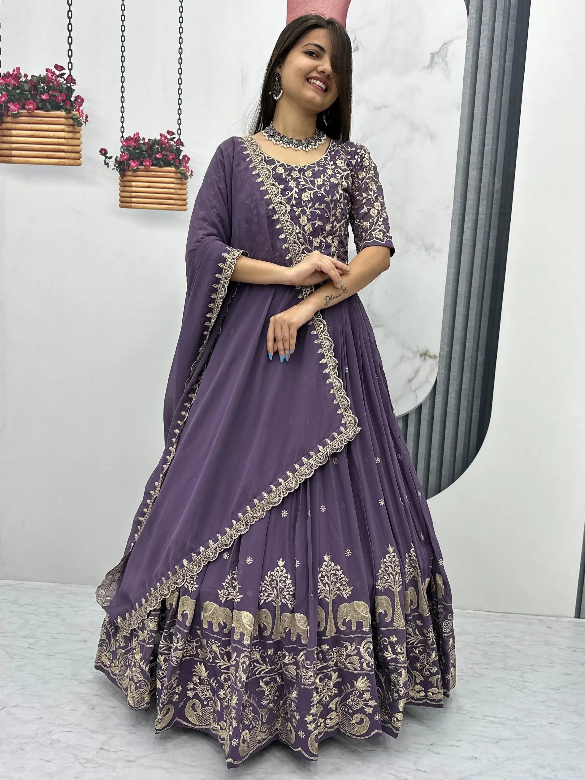 Excellent Lavender Embroidered Georgette Festive Wear Gown With Dupatta - Zeel Clothing