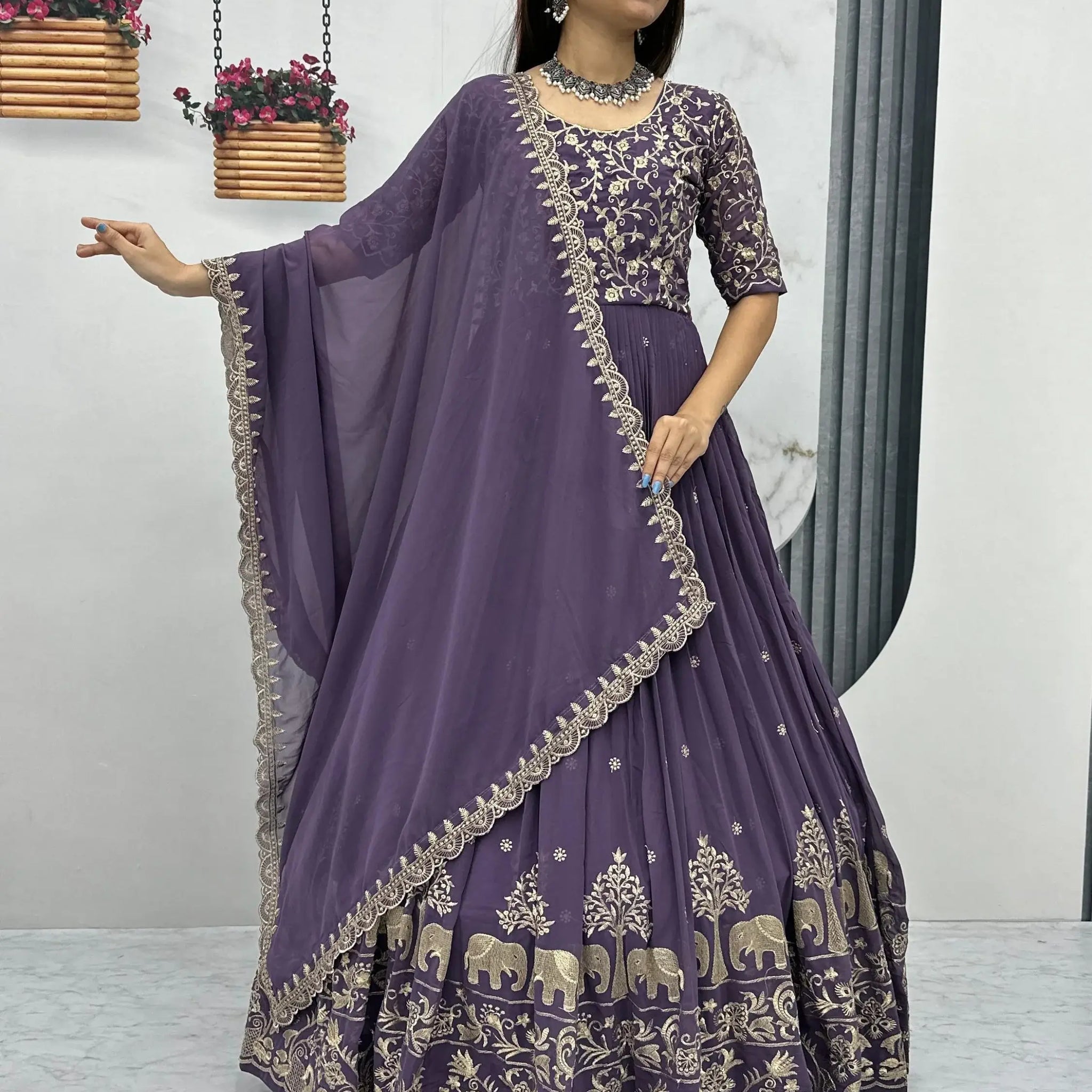 Excellent Lavender Embroidered Georgette Festive Wear Gown With Dupatta - Zeel Clothing