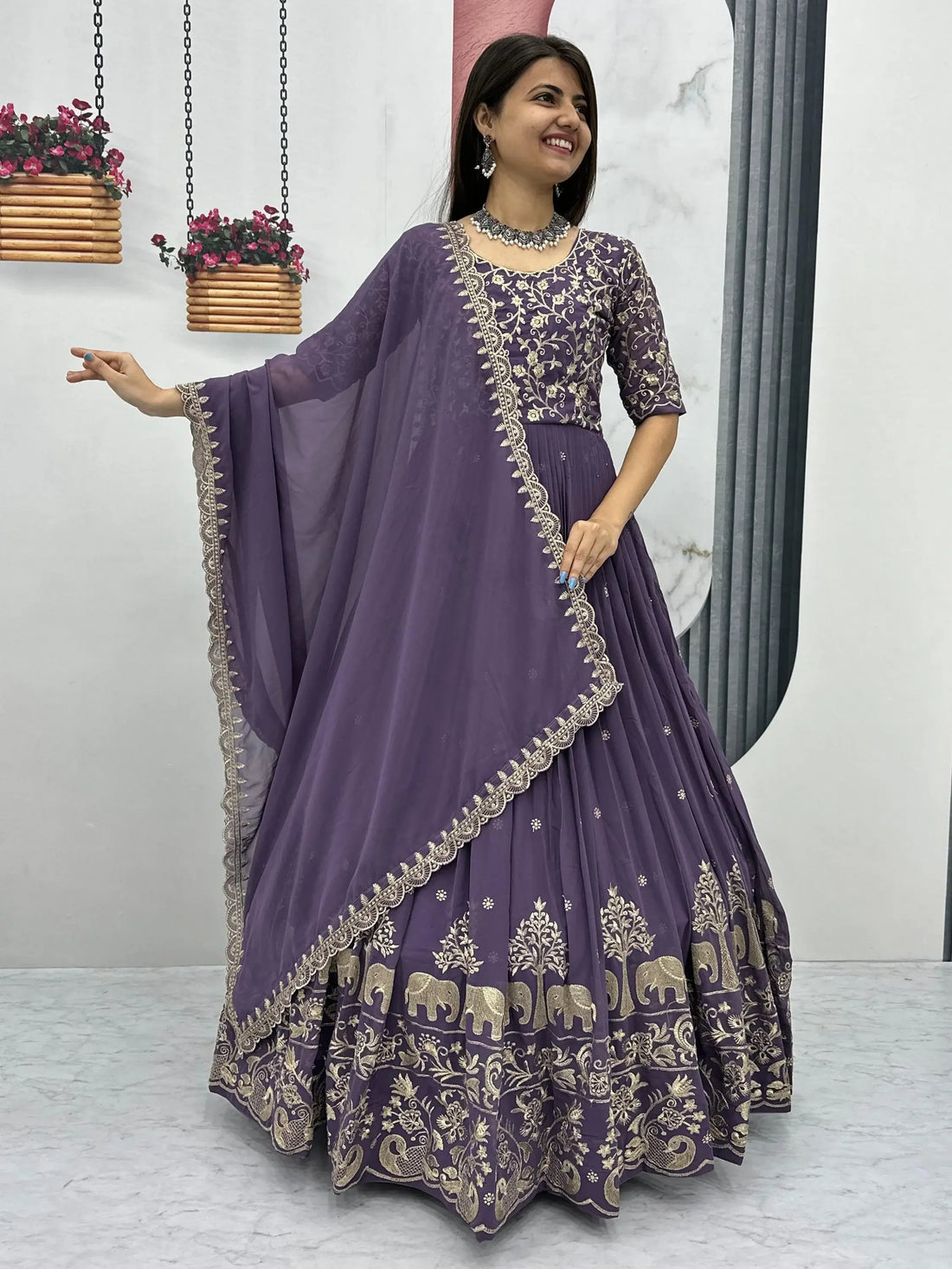 Excellent Lavender Embroidered Georgette Festive Wear Gown With Dupatta - Zeel Clothing