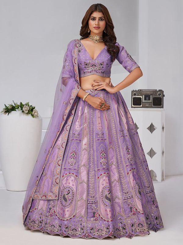 Excellent Lavender Zari Weaving Banarasi Silk Wedding Wear Lehenga Choli