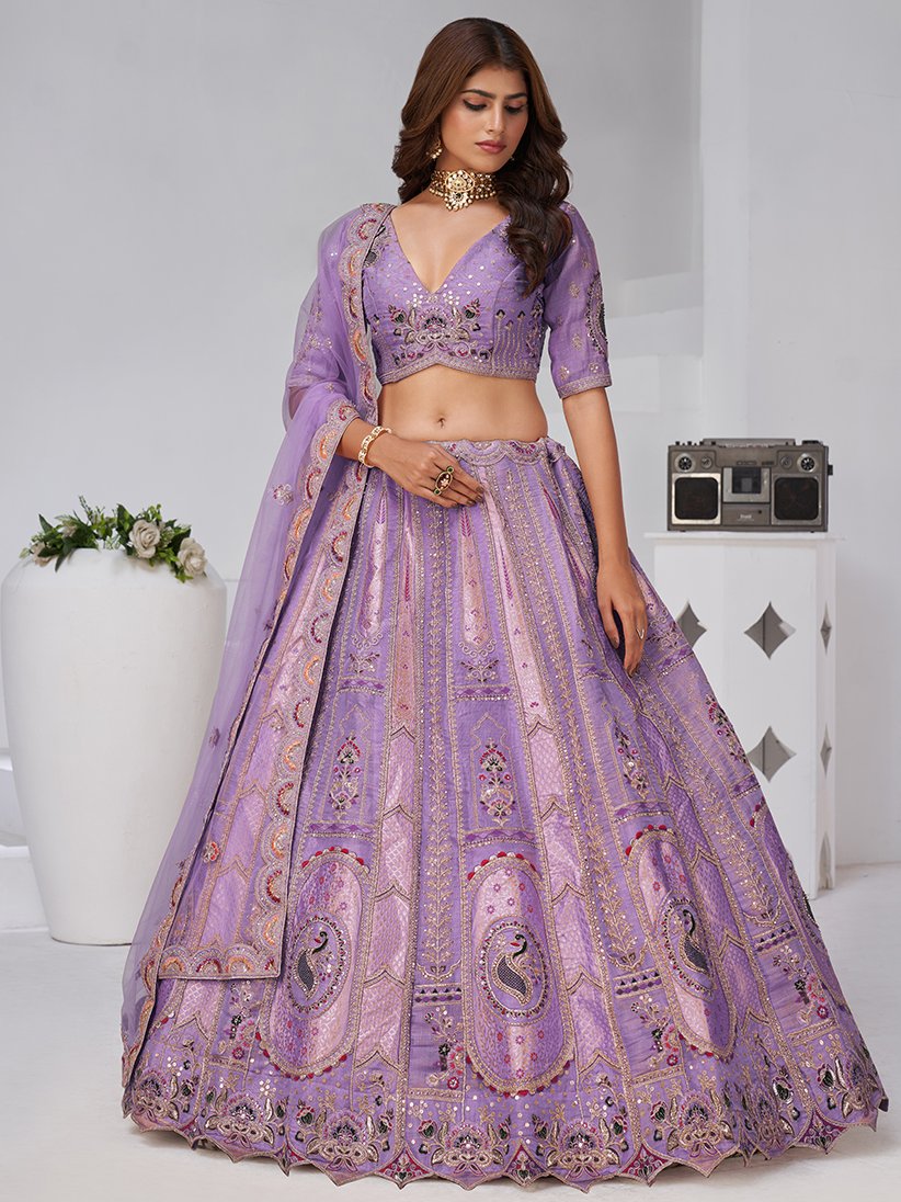 Excellent Lavender Zari Weaving Banarasi Silk Wedding Wear Lehenga Choli