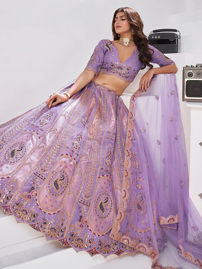 Excellent Lavender Zari Weaving Banarasi Silk Wedding Wear Lehenga Choli