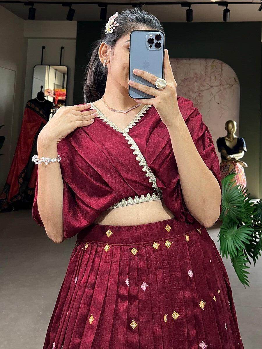 Excellent Maroon Embroidered Silk Wedding Wear Crop Top Lehenga - Zeel Clothing