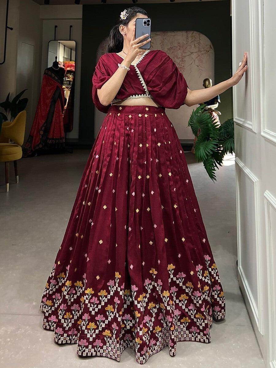 Excellent Maroon Embroidered Silk Wedding Wear Crop Top Lehenga - Zeel Clothing