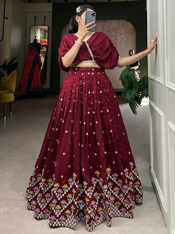 Excellent Maroon Embroidered Silk Wedding Wear Crop Top Lehenga - Zeel Clothing