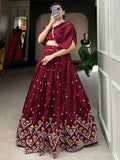 Excellent Maroon Embroidered Silk Wedding Wear Crop Top Lehenga - Zeel Clothing