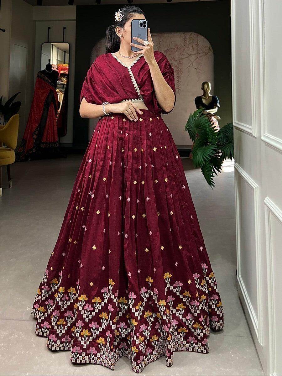 Excellent Maroon Embroidered Silk Wedding Wear Crop Top Lehenga - Zeel Clothing