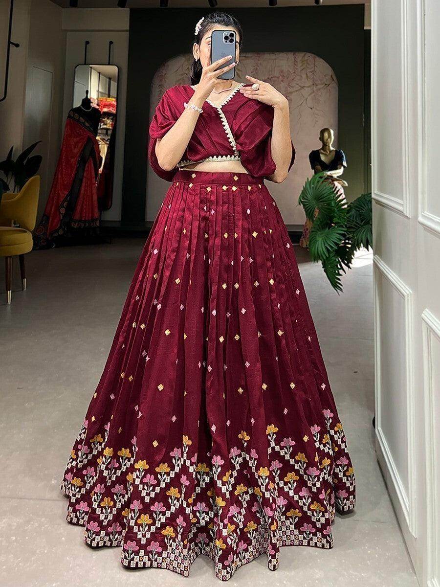 Excellent Maroon Embroidered Silk Wedding Wear Crop Top Lehenga - Zeel Clothing