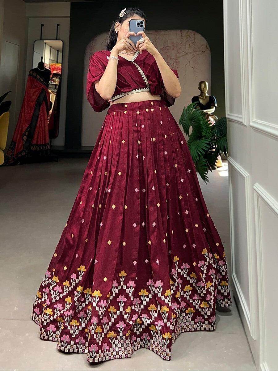 Excellent Maroon Embroidered Silk Wedding Wear Crop Top Lehenga - Zeel Clothing